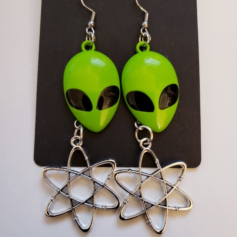 Handmade Atom Metal Green Alien Dangle Earrings